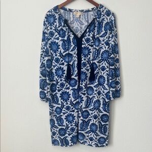 Michael Kors Blue and White Printed Long Sleeve Dress with Tassels